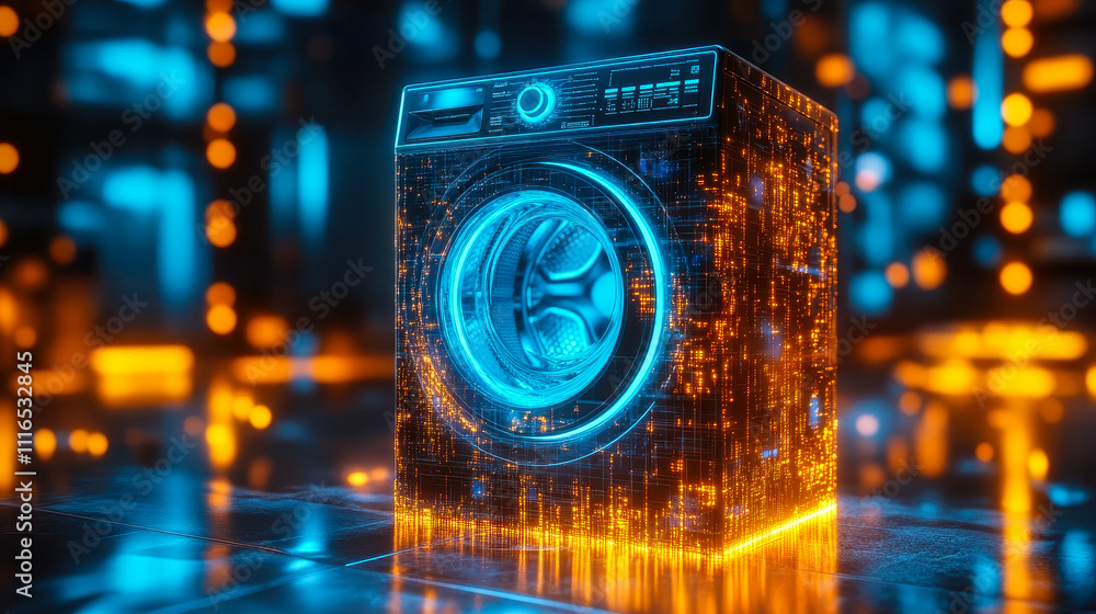 Poster smart washing machine with digital interfaces and automated energy optimization