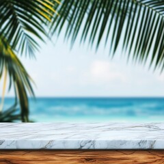 Fototapeta premium Natural Marble Surfaces with Soft Bokeh Lighting. A serene beach scene featuring a marble table against a backdrop of palm leaves and tranquil ocean waves.