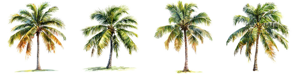 Obraz premium Four distinct coconut palm trees showcasing lush green fronds and varying heights, representing tropical foliage.