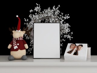 Fototapeta premium Blank vertical frame mockup with black wall in background and Christmas decoration with advent wreath, gifts and stuffed reindeer. 3D illustration, interior design, 3D rendering