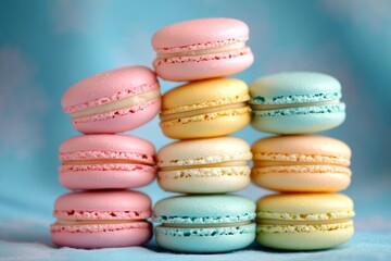 Obraz premium Colorful pastel macarons stacked in a pyramid on soft blue background