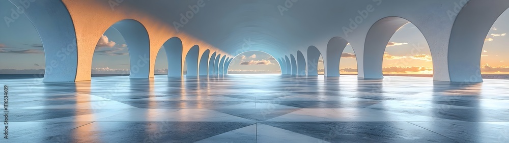 Poster an expansive architectural space featuring arched columns and a stunning sunset reflecting off a pol