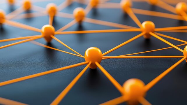 A close-up of a network of orange nodes and lines, symbolizing connectivity and technology innovation.