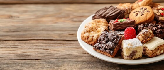 Fototapeta premium Assorted Baked Treats on a White Plate Against a Wooden Surface