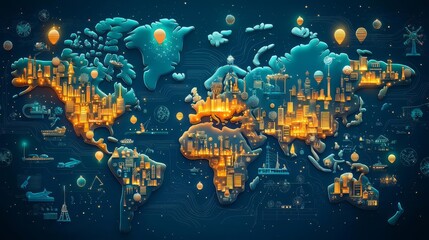 Colorful world map with illuminated cities design