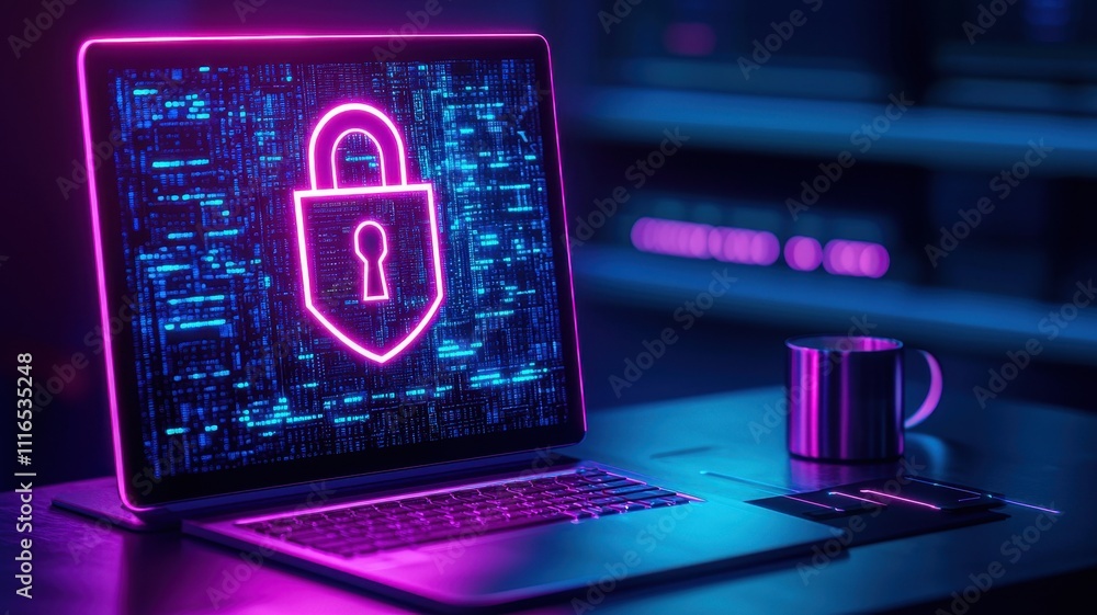 Poster a glowing laptop with a digital lock symbol, representing cybersecurity and data protection in a mod