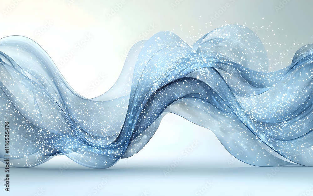 Poster an ethereal wave of translucent blue fabric, cascading fluidly with sparkling particles, creating a 