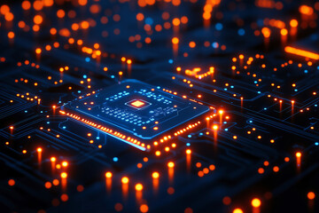 Fototapeta premium Orange-illuminated electronic circuit board