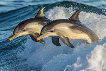 Obraz premium Two dolphins leaping through ocean waves at sunrise