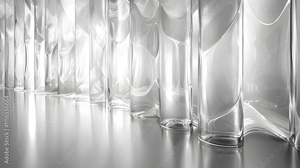 Poster abstract composition of translucent glass vases creating a fluid design with soft reflections and a 