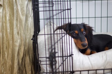 Dachshund Puppy Learning to be Crate Trained