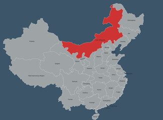 Map Highlighting Inner Mongolia Province in China with Regional Labels