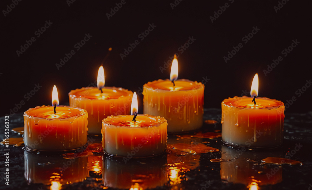 Aufkleber row of candles with wax dripping from them. the candles are lit and are arranged in a line