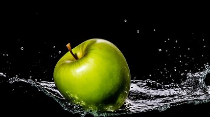 Green Apple Splashing Into Water Against Black Background