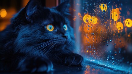 Black cat with bright orange eyes stares out of window during a rainy evening, softened by gentle reflections of warm light in background, calm and mysterious atmosphere. National Black Cat Day