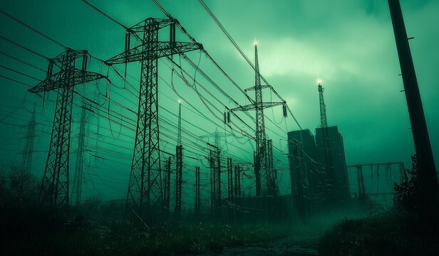 AI generator image of high voltage pole,lightning near the high power pole in the field during the storm. rainny day