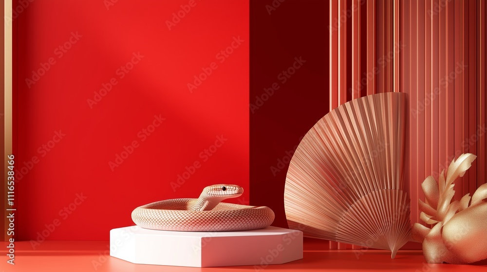 Poster elegant display of a snake intertwined with abstract artwork in a vivid red setting