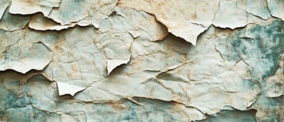 Fototapeta premium Close-up of a weathered, wrinkled, and torn piece of paper with a blue, brown, and white color scheme.