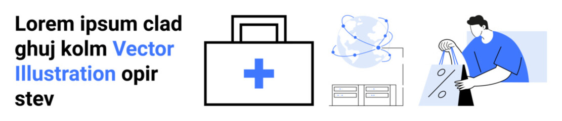 Medical briefcase, network globe, bar graph, and person carrying shopping bags. Ideal for healthcare, telecommunication, business analysis, e-commerce, retail shopping and technology themes
