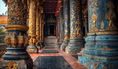 Fototapeta premium AI-generated images of Buddha statues ancient sites.Lord Buddha statue, god, monk Buddhism sect, thai style,in wat thai,thailand temple , built with contemporary Thai architecture Use blue red golden