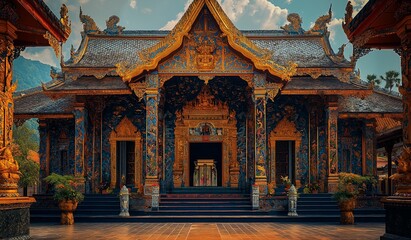 Fototapeta premium AI-generated images of Buddha statues ancient sites.Lord Buddha statue, god, monk Buddhism sect, thai style,in wat thai,thailand temple , built with contemporary Thai architecture Use blue red golden