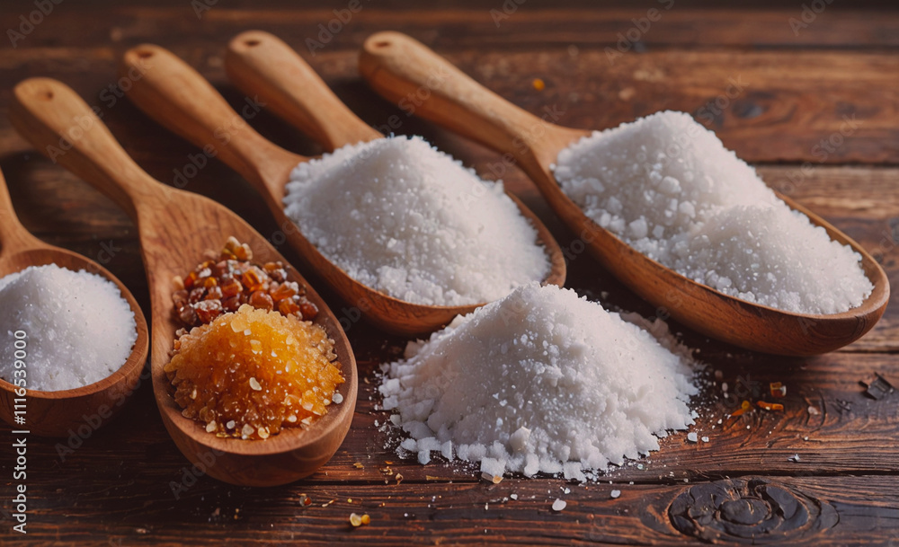 Poster Four spoons of different sizes with different colored sugar. The spoon with the most sugar is on the left