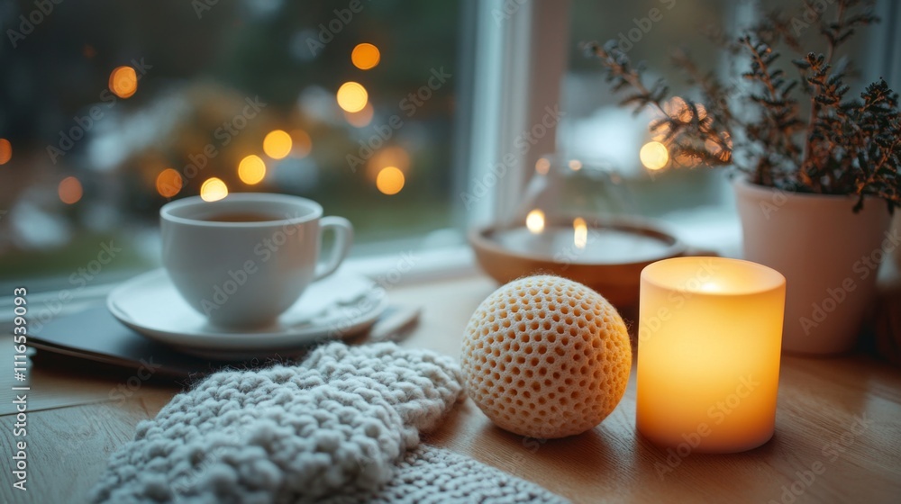 Poster a warm drink sits on a saucer next to a lit candle, with decorations and lights in the background cr