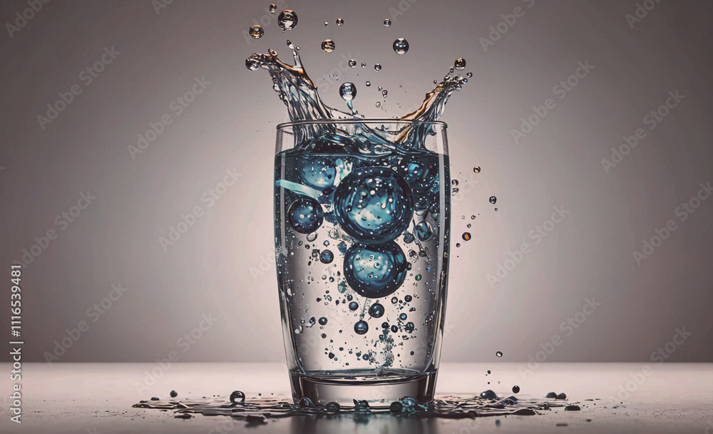 Poster glass of water with ice cubes in it is being poured out, causing the water to splash out of the glas