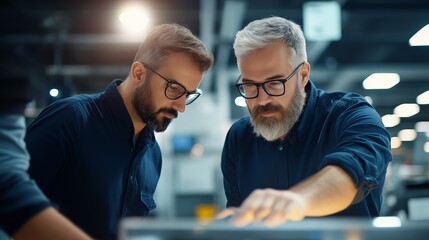 Men analyzing data together in a modern workspace during the day