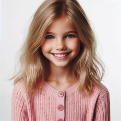 Fototapeta premium Smiling blonde girl with wavy hair in pink sweater on white background
