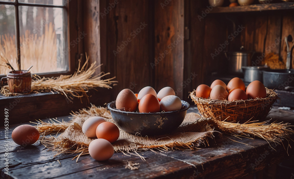 Aufkleber table with two baskets of eggs and a bowl of eggs. the eggs are brown and white