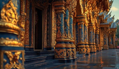 Fototapeta premium AI-generated images of Buddha statues ancient sites.Lord Buddha statue, god, monk Buddhism sect, thai style,in wat thai,thailand temple , built with contemporary Thai architecture Use blue red gold