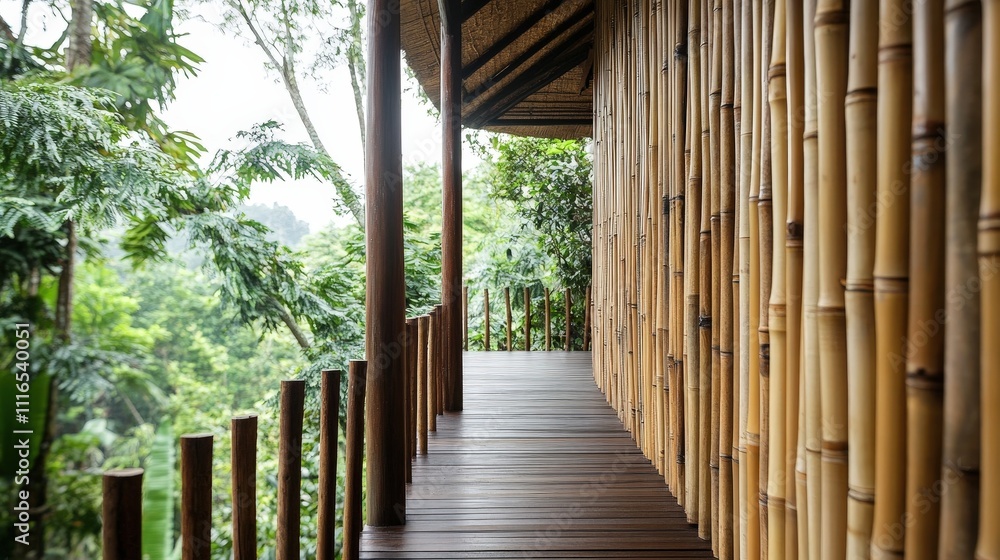 Poster highlight the use of bamboo weaving in architecture, showing bamboo-woven panels or walls in an outd