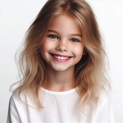 Fototapeta premium Smiling blonde girl with wavy hair in a white shirt on white background