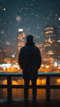 Silhouetted man watching snow fall in a vibrant city at night.