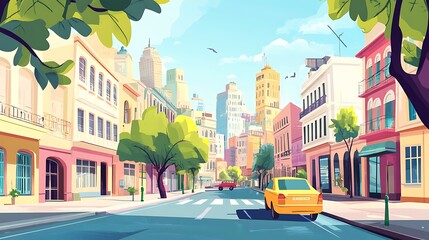 A vibrant city street scene with colorful buildings and a sunny sky.