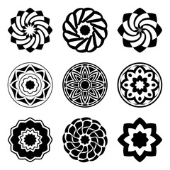 Collection of round abstract ornamental black patterns isolated on white background. Ornament elements in modern style for logo design, cover, printing on paper. Vector illustration