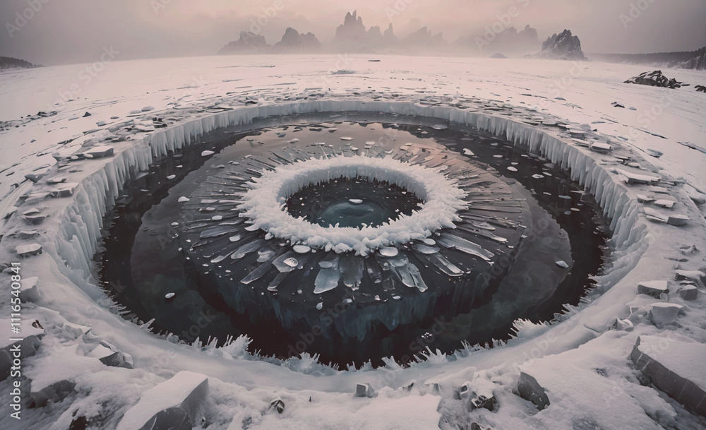 Poster large body of water with ice floating on top. the water is surrounded by a large circle of ice
