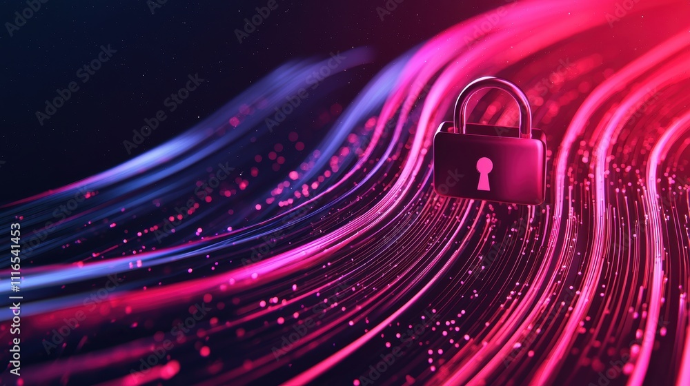 Poster securing digital content lock symbol on colorful waves abstract art technology environment close-up 