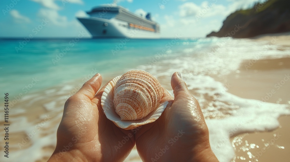 Poster at a picturesque beach, a traveler admires a beautiful shell while waves gently lap at the shore and