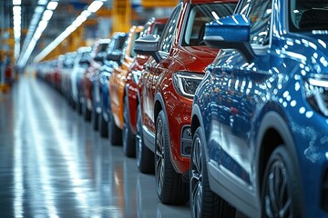 A row of cars are lined up in a factory