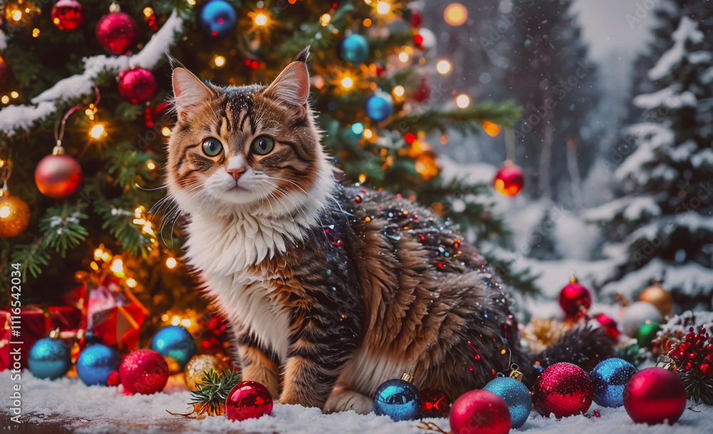 Poster cat is sitting in front of a christmas tree. the tree is decorated with many ornaments, including so