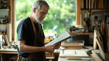 Obraz premium Skilled craftsman reviews woodwork plans in a well-lit workshop filled with tools and materials