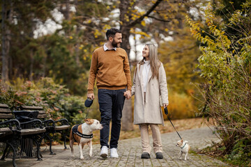 Affectionate couple holding hands on date in city park and walking their pets dogs.