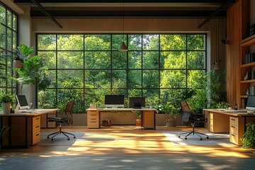 A large open office space with a view of trees and plants