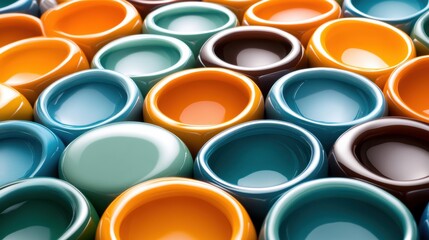Colorful ceramic bowls arranged in a vibrant pattern, AI
