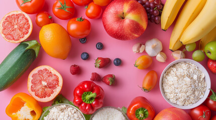 Naklejka premium Vibrant Fresh Produce with Oats on Pink Background for Health and Nutrition Themes