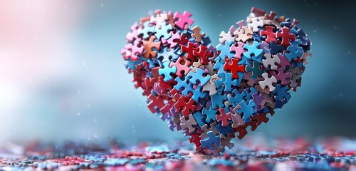 Scattered puzzle pieces coming together to create a 3D heart design,