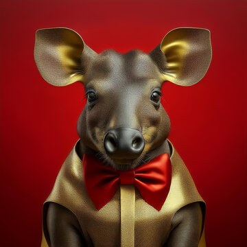 Artistic Tapir Bust with Red and Gold Bow; Red Background