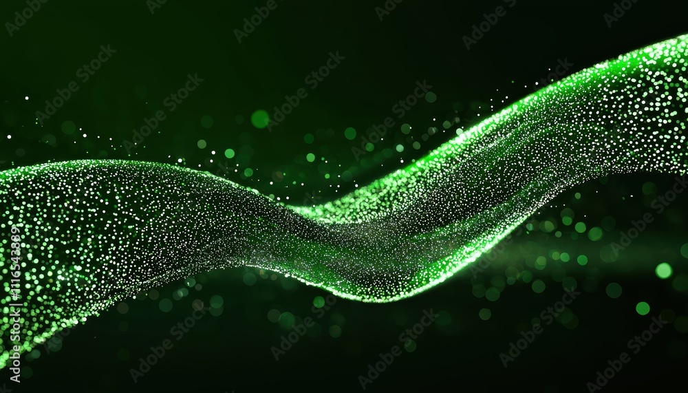 Poster dynamic green particles flowing in motion abstract environment digital art vibrant atmosphere close-